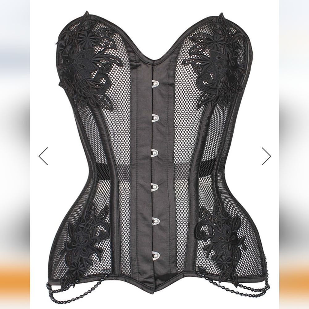 NWT Corset Story overbust corset, mesh and lace applique, waist taming, black